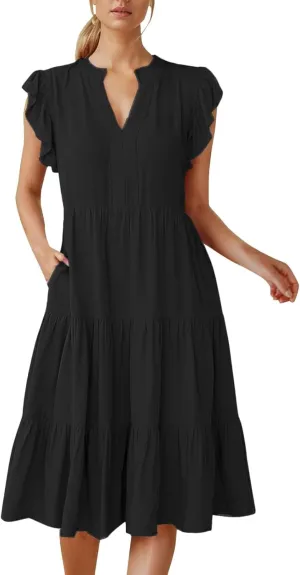 Women Casual Summer Dress V Neck Ruffle Sleeve Tiered Midi Dress Flowy Boho Beach Vacation A-Line Long Dress