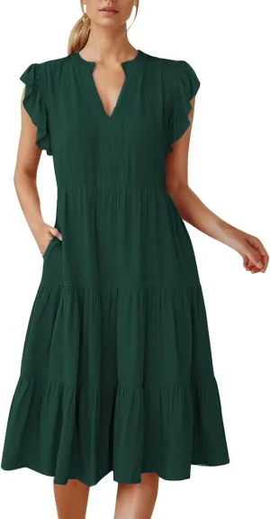 Women Casual Summer Dress V Neck Ruffle Sleeve Tiered Midi Dress Flowy Boho Beach Vacation A-Line Long Dress