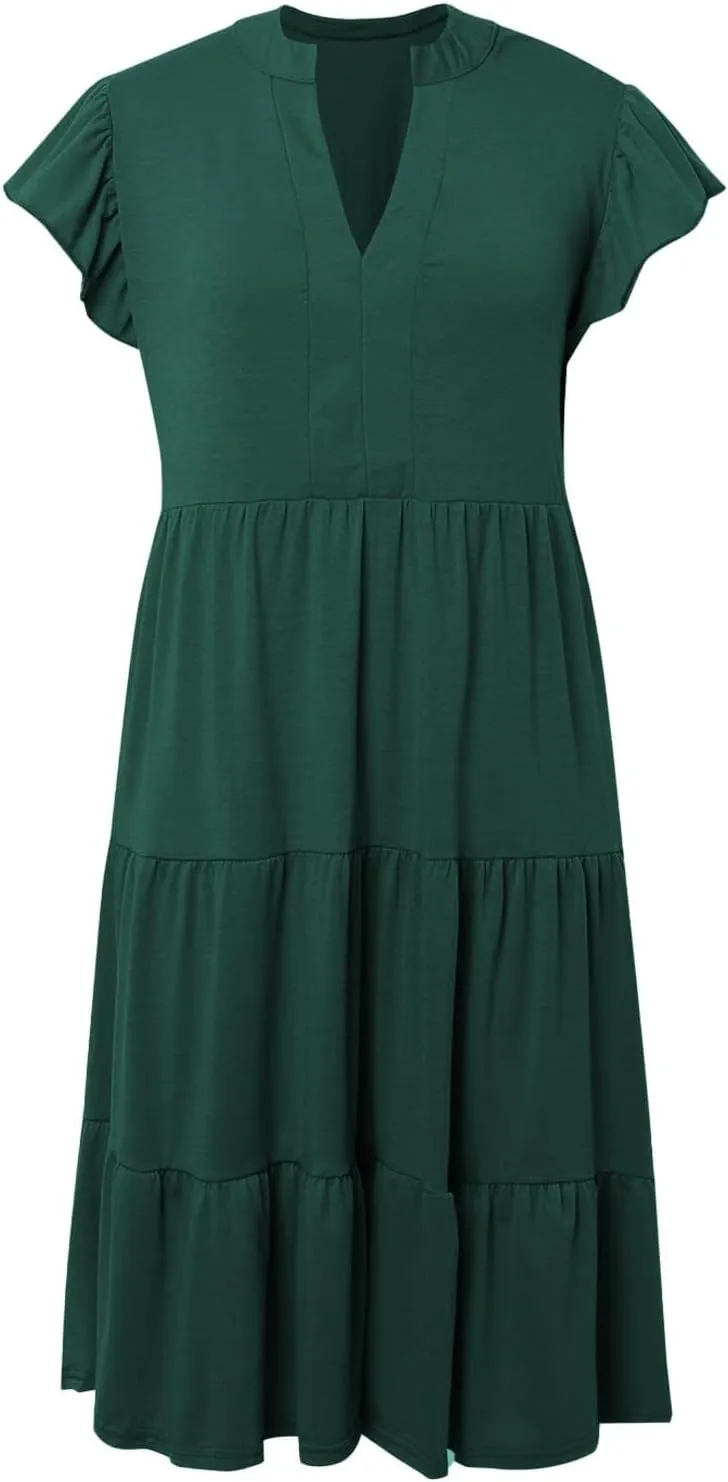 Women Casual Summer Dress V Neck Ruffle Sleeve Tiered Midi Dress Flowy Boho Beach Vacation A-Line Long Dress