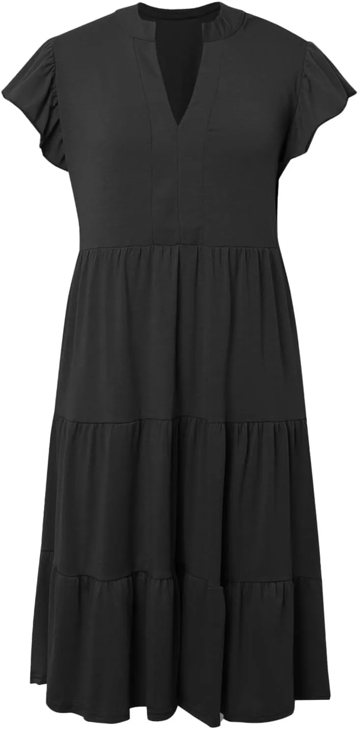 Women Casual Summer Dress V Neck Ruffle Sleeve Tiered Midi Dress Flowy Boho Beach Vacation A-Line Long Dress