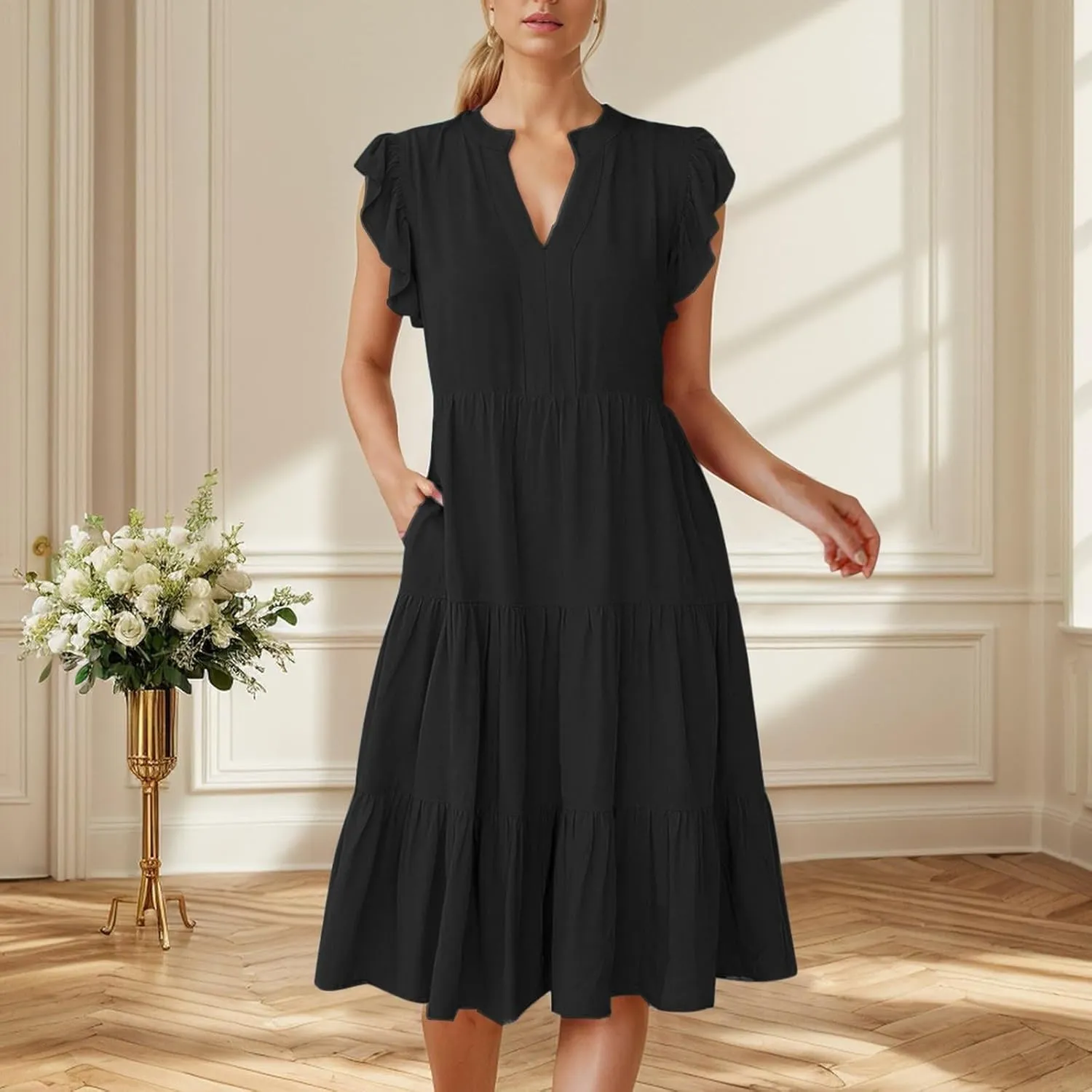 Women Casual Summer Dress V Neck Ruffle Sleeve Tiered Midi Dress Flowy Boho Beach Vacation A-Line Long Dress
