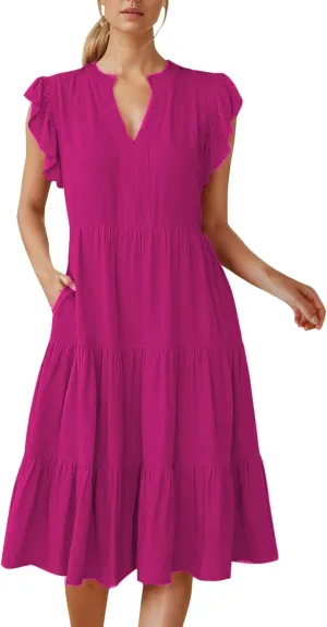 Women Casual Summer Dress V Neck Ruffle Sleeve Tiered Midi Dress Flowy Boho Beach Vacation A-Line Long Dress