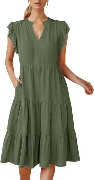 Women Casual Summer Dress V Neck Ruffle Sleeve Tiered Midi Dress Flowy Boho Beach Vacation A-Line Long Dress