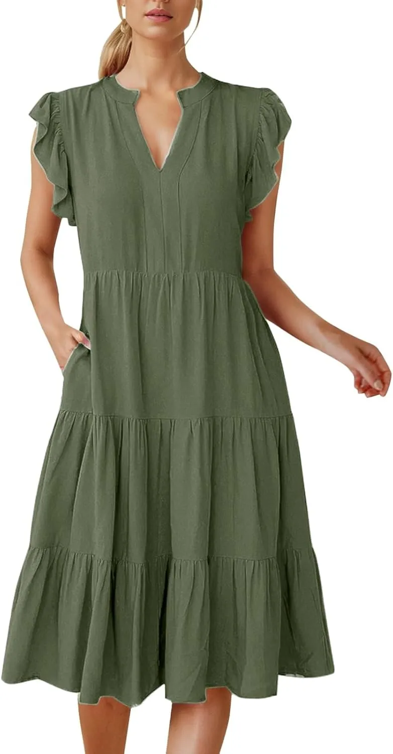 Women Casual Summer Dress V Neck Ruffle Sleeve Tiered Midi Dress Flowy Boho Beach Vacation A-Line Long Dress