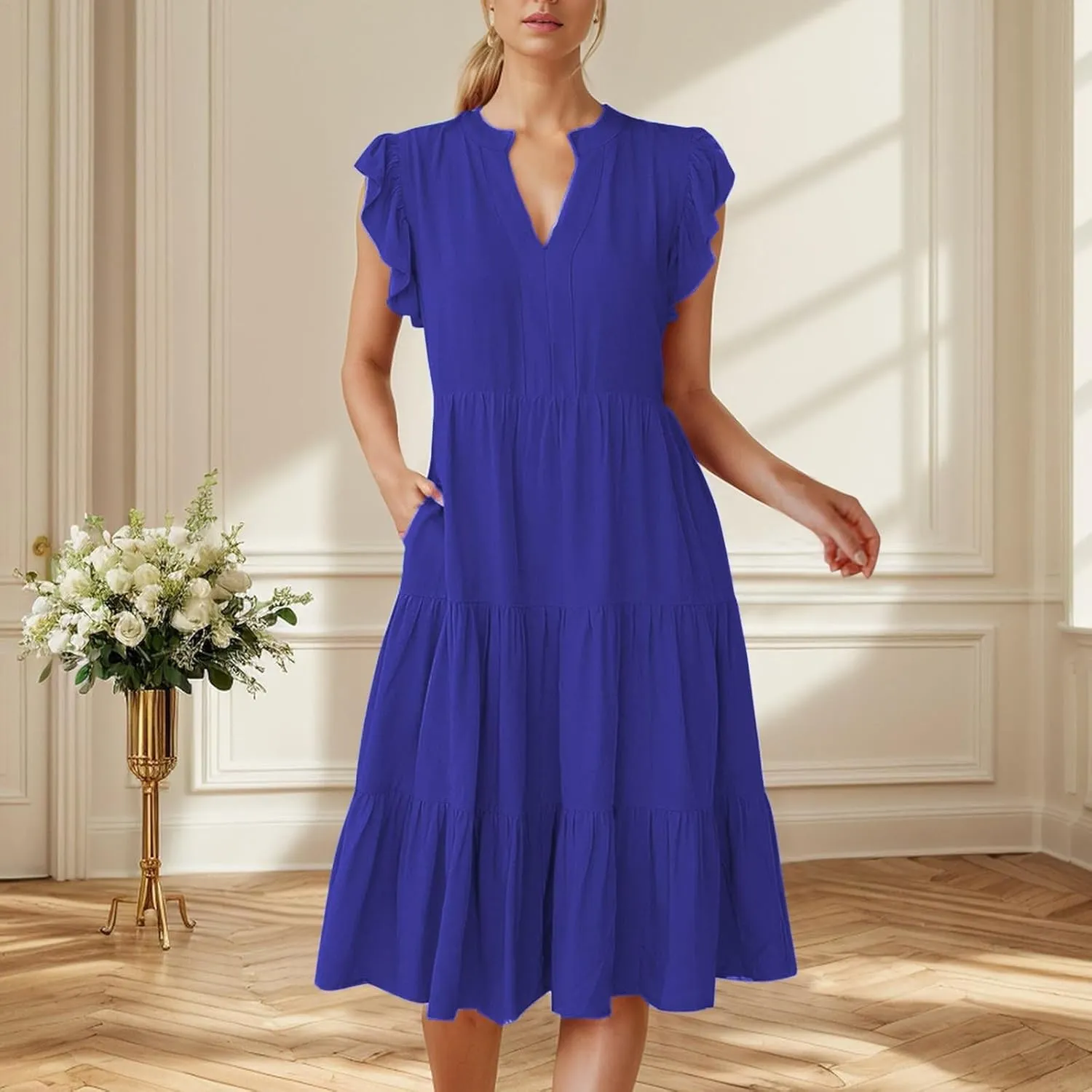 Women Casual Summer Dress V Neck Ruffle Sleeve Tiered Midi Dress Flowy Boho Beach Vacation A-Line Long Dress
