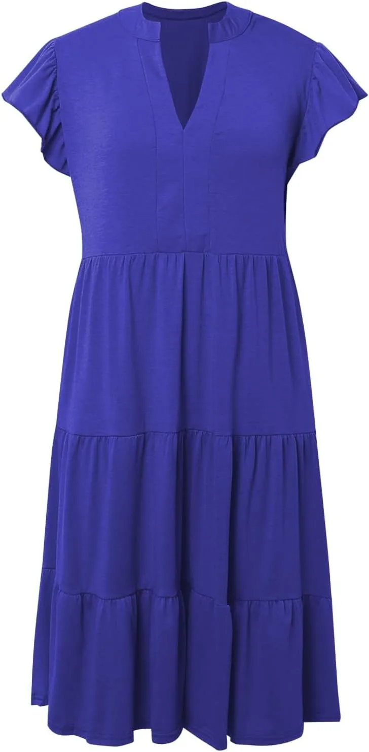 Women Casual Summer Dress V Neck Ruffle Sleeve Tiered Midi Dress Flowy Boho Beach Vacation A-Line Long Dress