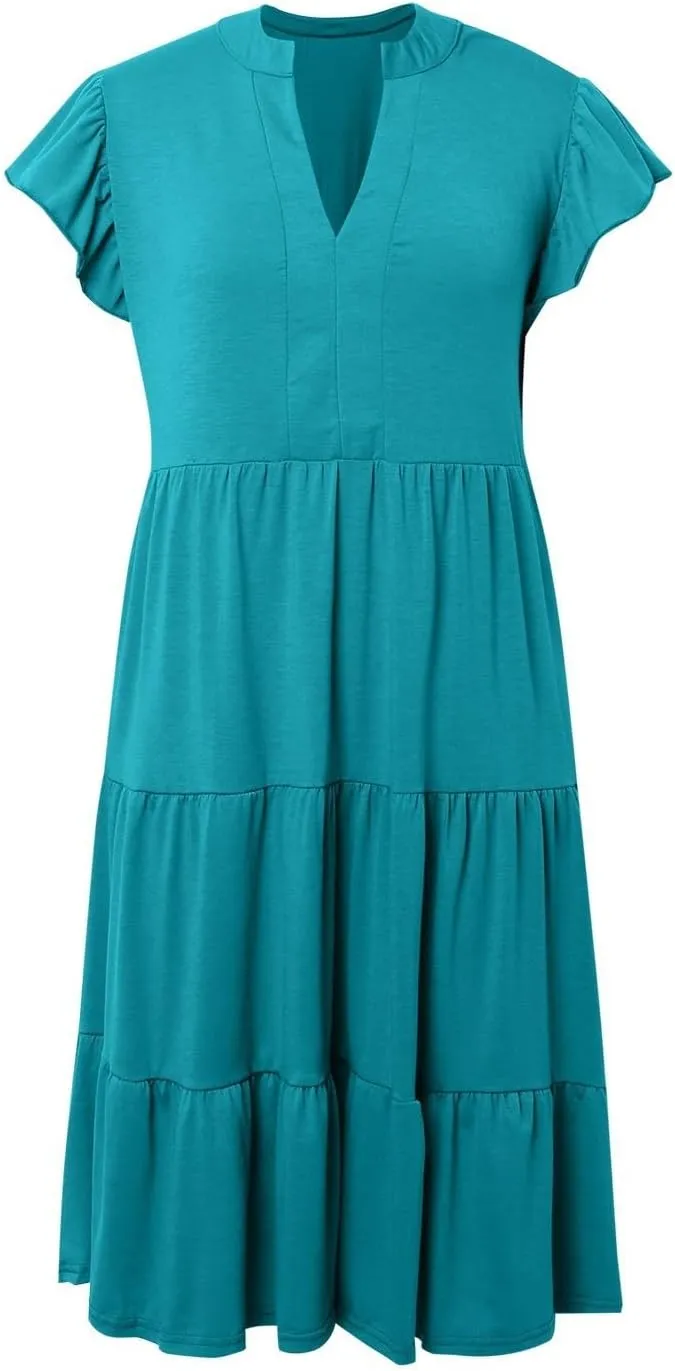 Women Casual Summer Dress V Neck Ruffle Sleeve Tiered Midi Dress Flowy Boho Beach Vacation A-Line Long Dress
