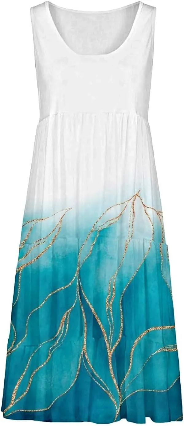 Women Casual Summer Dresses 2025 Crew Neck Sleeveless A-Line Sundress Vacation Boho Flowy Midi Dress