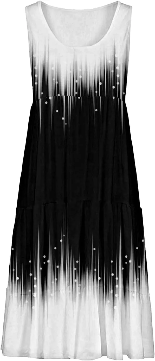 Women Casual Summer Dresses 2025 Crew Neck Sleeveless A-Line Sundress Vacation Boho Flowy Midi Dress