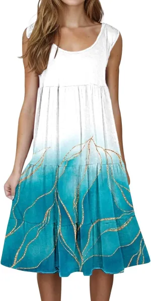 Women Casual Summer Dresses 2025 Crew Neck Sleeveless A-Line Sundress Vacation Boho Flowy Midi Dress