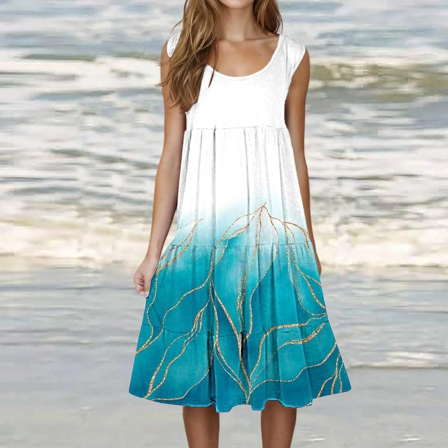 Women Casual Summer Dresses 2025 Crew Neck Sleeveless A-Line Sundress Vacation Boho Flowy Midi Dress