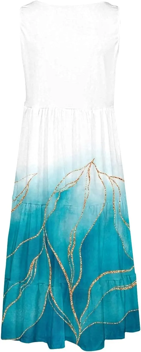 Women Casual Summer Dresses 2025 Crew Neck Sleeveless A-Line Sundress Vacation Boho Flowy Midi Dress
