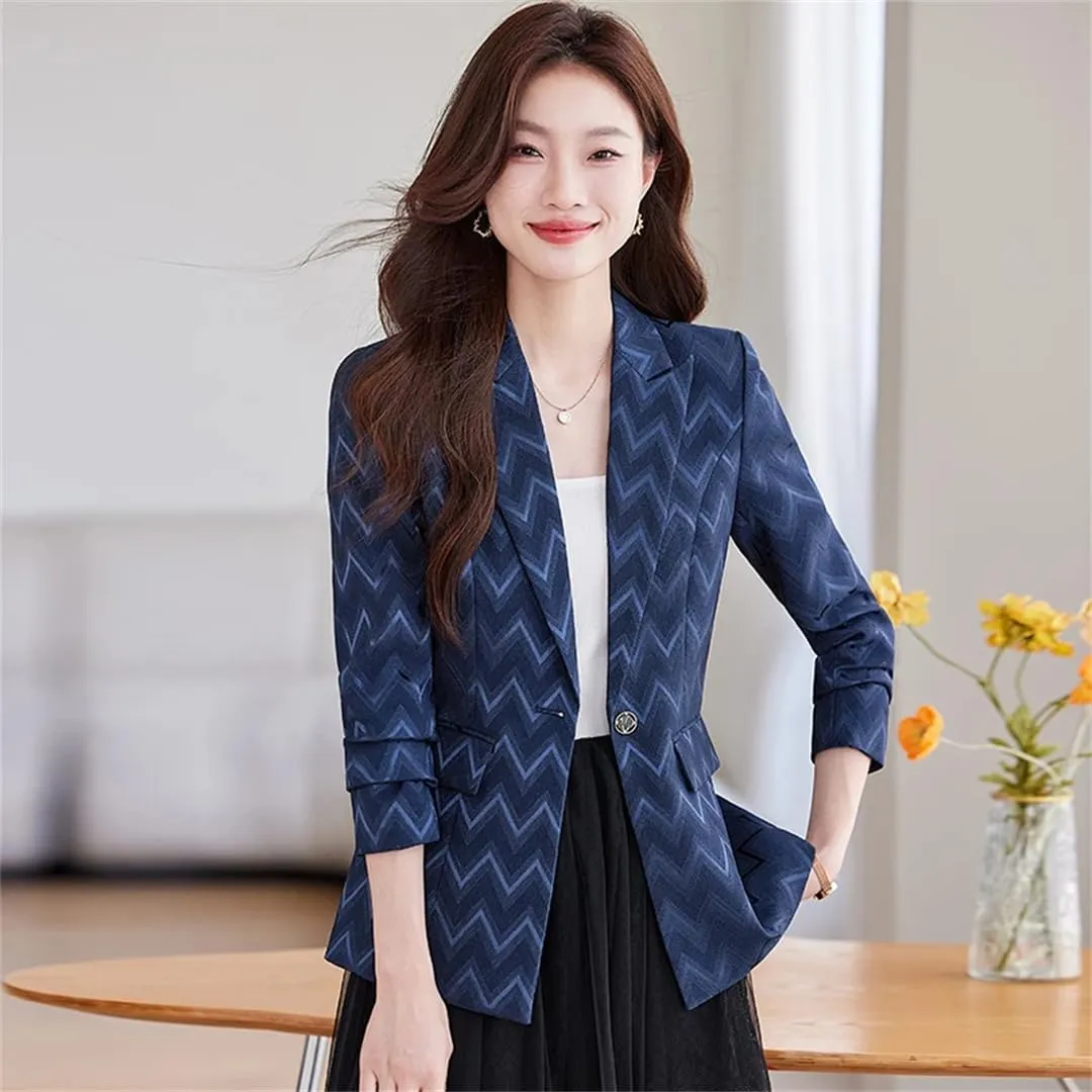 Women Coat Solid Elegant Temperament Basic Jacket Office Stripes Print Long Sleeve Blazers