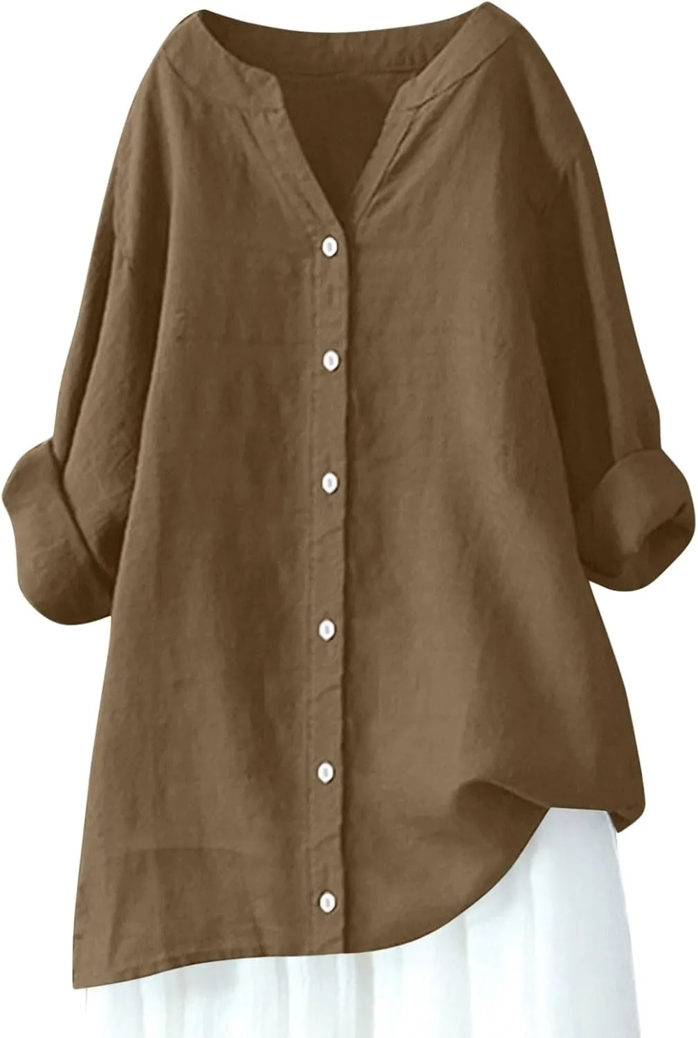 Women Cotton Linen Button V Neck Tops Shirt Summer Solid Color Long Sleeve Fashion Loose Casual Comfy Daily Shirts