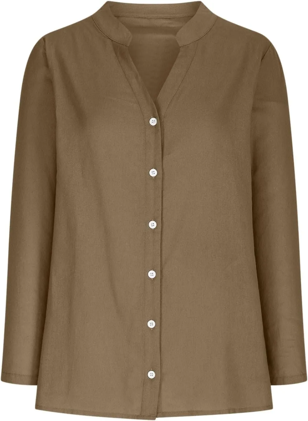 Women Cotton Linen Button V Neck Tops Shirt Summer Solid Color Long Sleeve Fashion Loose Casual Comfy Daily Shirts