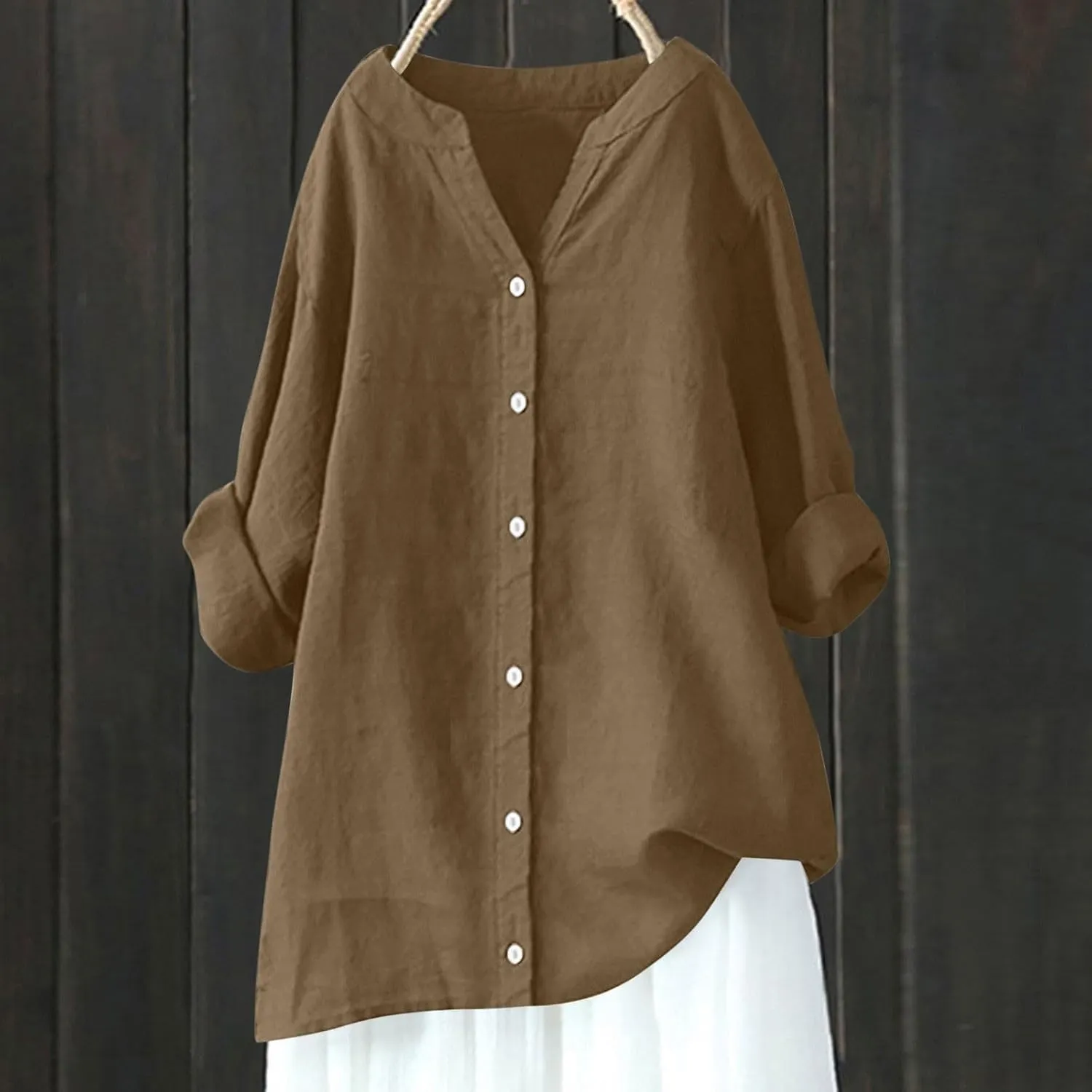 Women Cotton Linen Button V Neck Tops Shirt Summer Solid Color Long Sleeve Fashion Loose Casual Comfy Daily Shirts