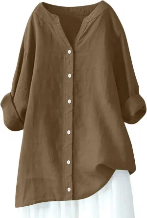 Women Cotton Linen Button V Neck Tops Shirt Summer Solid Color Long Sleeve Fashion Loose Casual Comfy Daily Shirts
