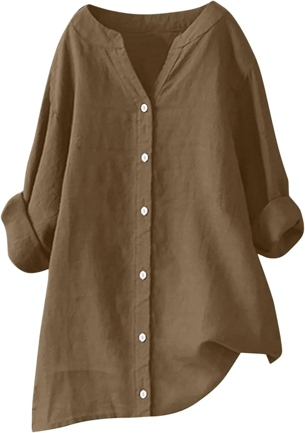 Women Cotton Linen Button V Neck Tops Shirt Summer Solid Color Long Sleeve Fashion Loose Casual Comfy Daily Shirts