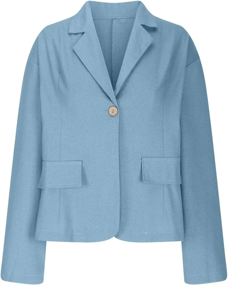 Women Cotton Linen Dressy Casual Blazers Open Front Long Sleeve Work Office Suit Jackets Button Lightweight Blazer