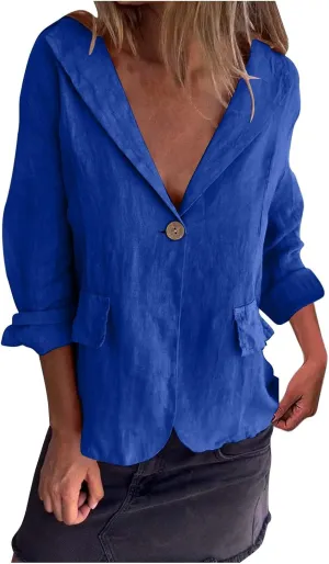 Women Cotton Linen Dressy Casual Blazers Open Front Long Sleeve Work Office Suit Jackets Button Lightweight Blazer