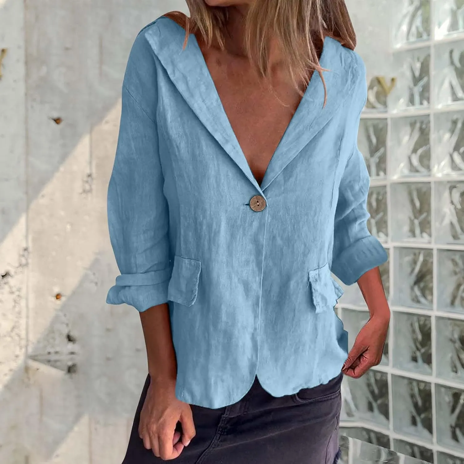Women Cotton Linen Dressy Casual Blazers Open Front Long Sleeve Work Office Suit Jackets Button Lightweight Blazer