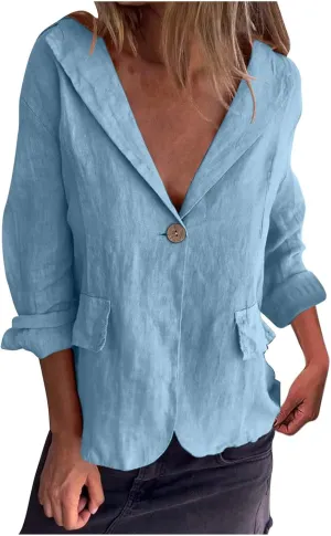 Women Cotton Linen Dressy Casual Blazers Open Front Long Sleeve Work Office Suit Jackets Button Lightweight Blazer