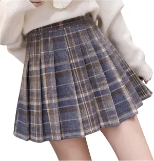 Women Girls Skirt A Line Furry Pleated Woolen Mini Skirt Plaid Pleated High Waist School Uniform A Line Pleated Skirt