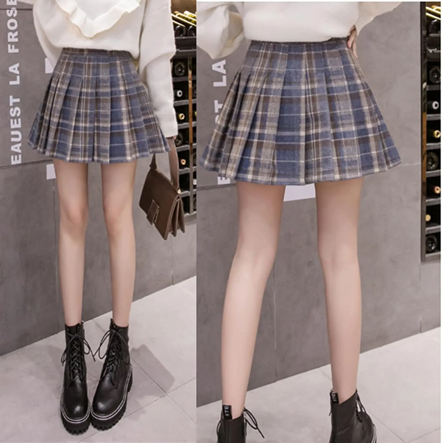Women Girls Skirt A Line Furry Pleated Woolen Mini Skirt Plaid Pleated High Waist School Uniform A Line Pleated Skirt