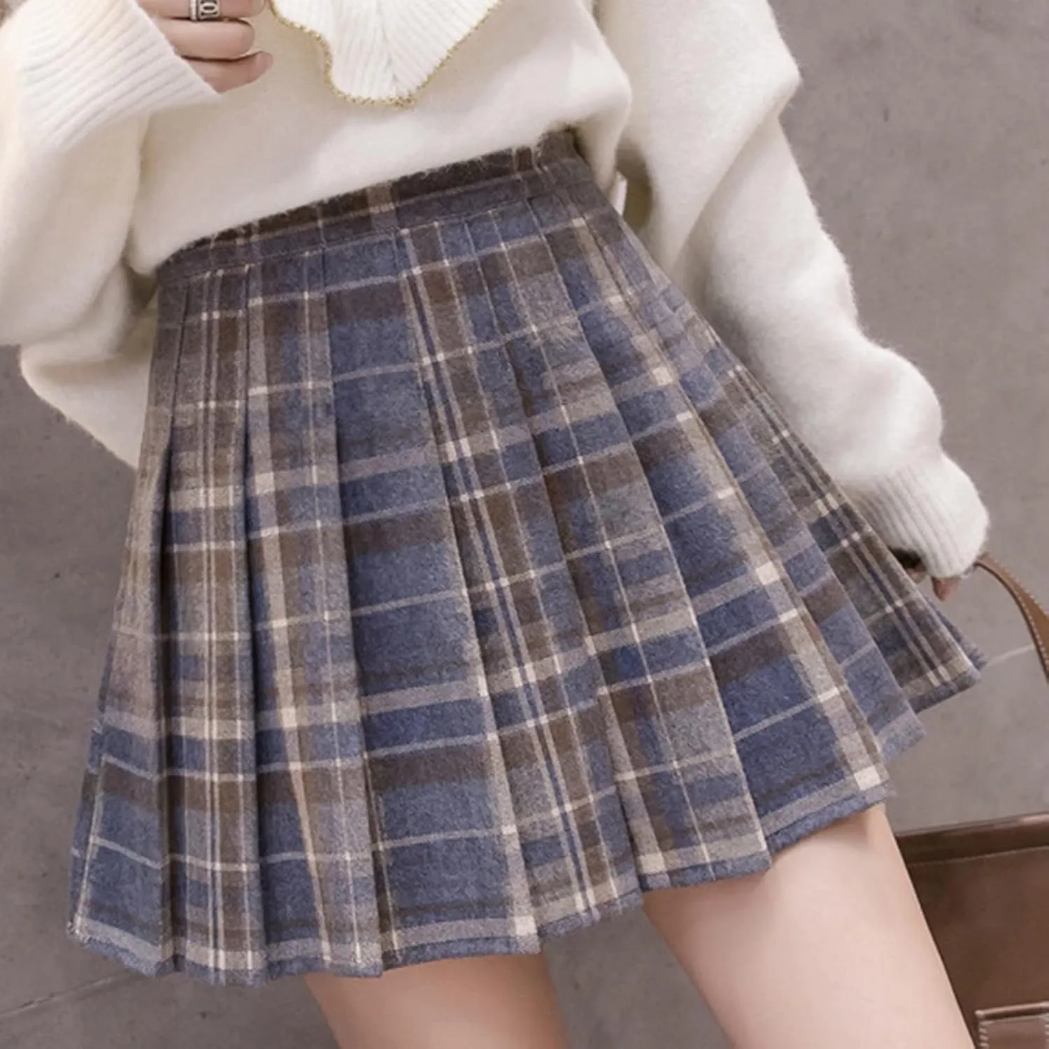 Women Girls Skirt A Line Furry Pleated Woolen Mini Skirt Plaid Pleated High Waist School Uniform A Line Pleated Skirt