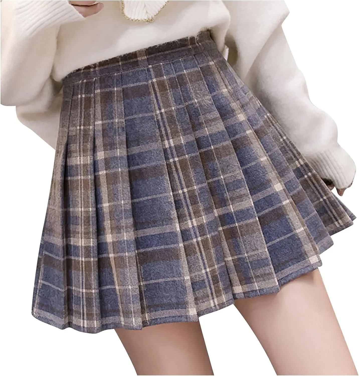 Women Girls Skirt A Line Furry Pleated Woolen Mini Skirt Plaid Pleated High Waist School Uniform A Line Pleated Skirt