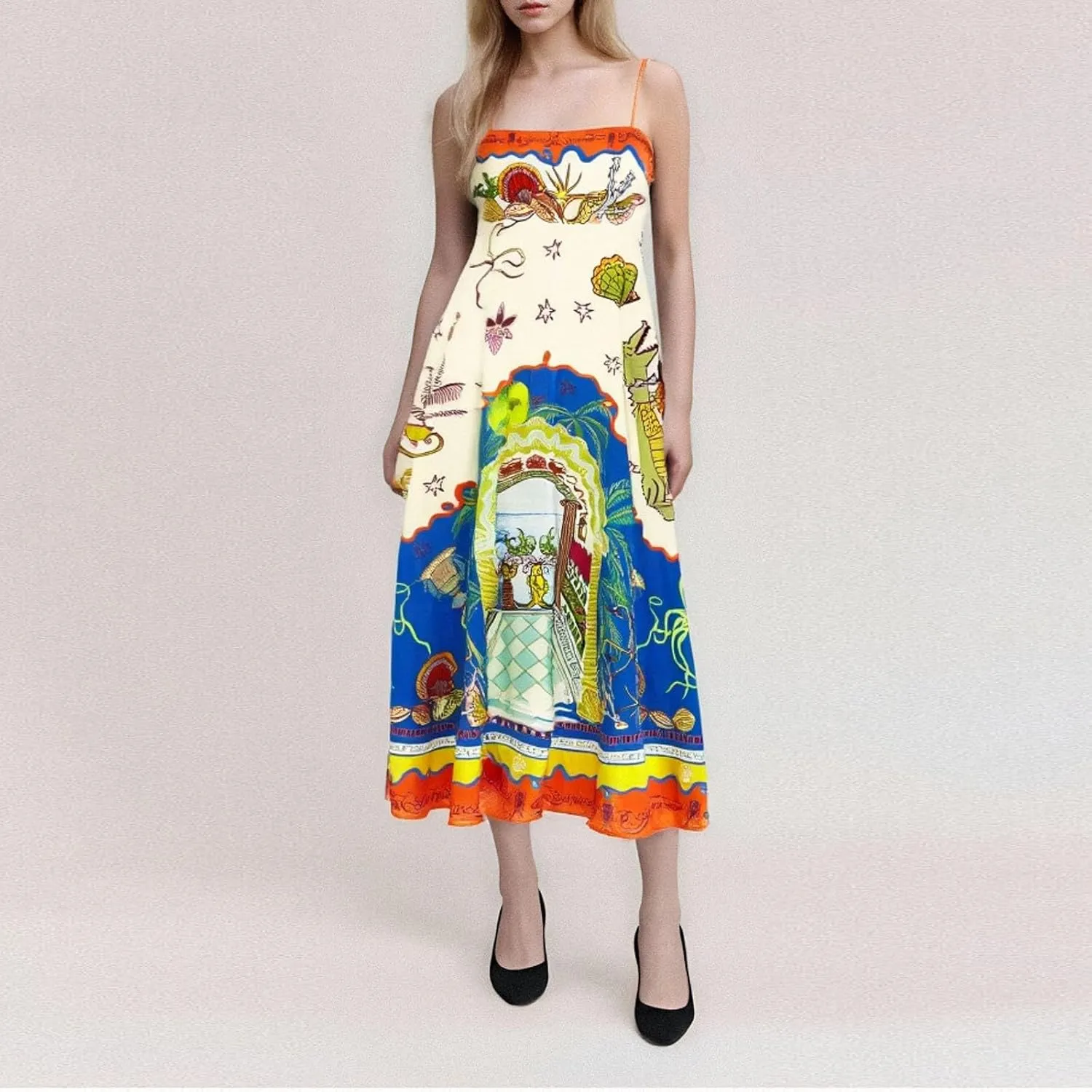 Women Graffiti Printed Maxi Cami Dress Square Neck Sleeveless Spaghetti Strap Boho Dress Swing Aline Sundress