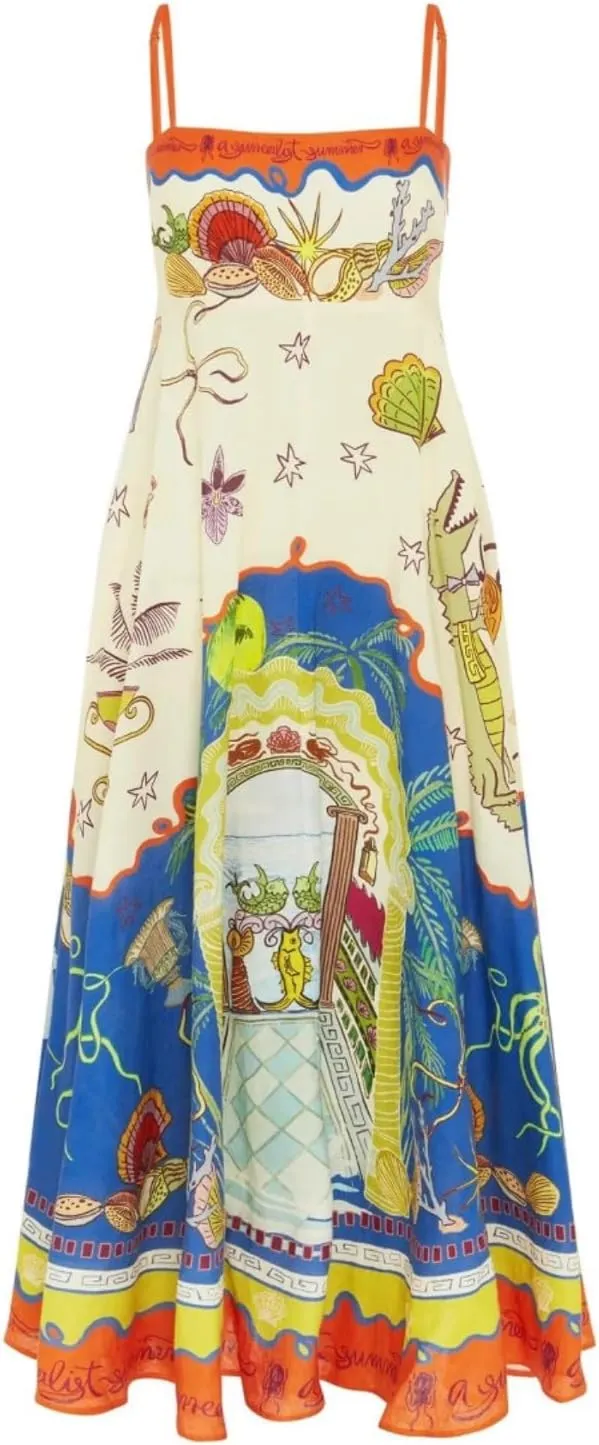 Women Graffiti Printed Maxi Cami Dress Square Neck Sleeveless Spaghetti Strap Boho Dress Swing Aline Sundress