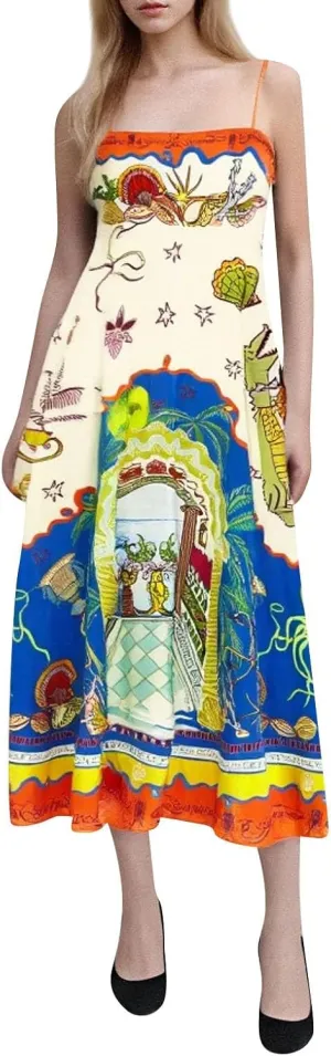 Women Graffiti Printed Maxi Cami Dress Square Neck Sleeveless Spaghetti Strap Boho Dress Swing Aline Sundress