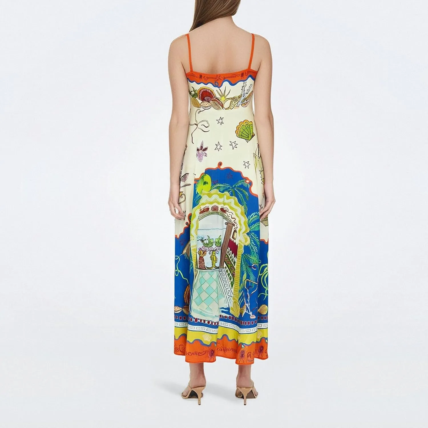 Women Graffiti Printed Maxi Cami Dress Square Neck Sleeveless Spaghetti Strap Boho Dress Swing Aline Sundress