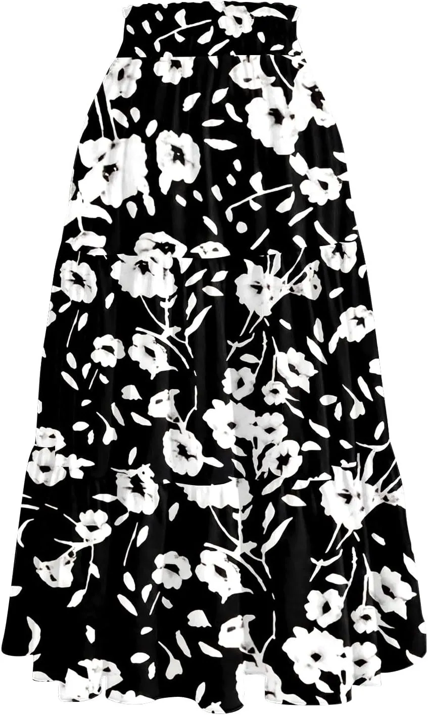 Women High Waisted Boho Floral Flowy Midi Skirt 2025 Trendy Summer Fall Casual Pleated A Line Cute Print Long Skirts
