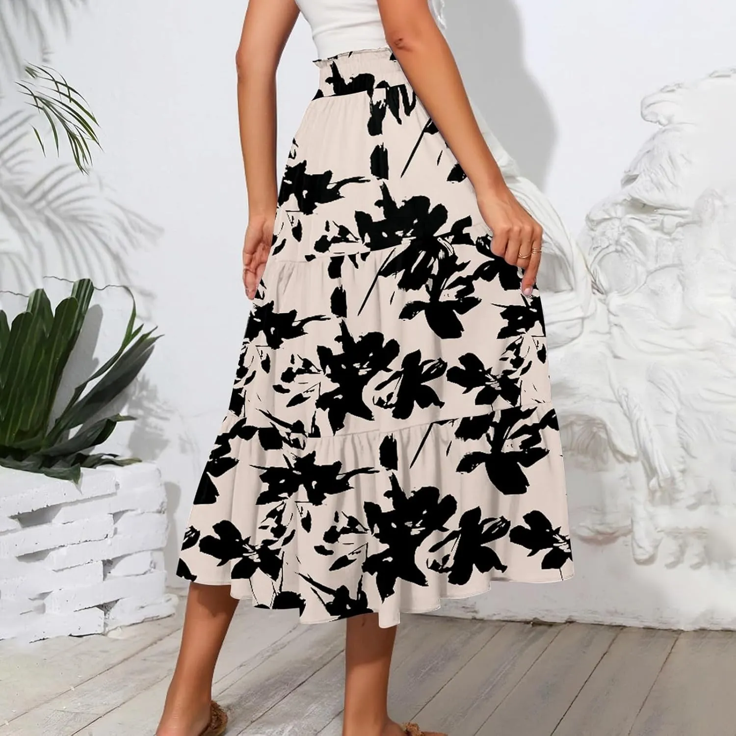 Women High Waisted Boho Floral Flowy Midi Skirt 2025 Trendy Summer Fall Casual Pleated A Line Cute Print Long Skirts