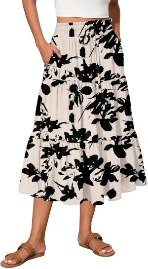 Women High Waisted Boho Floral Flowy Midi Skirt 2025 Trendy Summer Fall Casual Pleated A Line Cute Print Long Skirts
