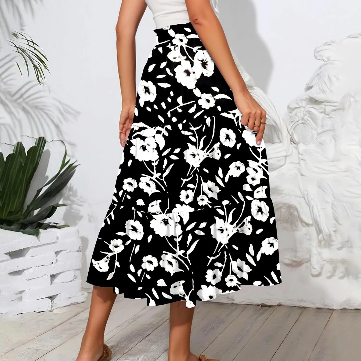Women High Waisted Boho Floral Flowy Midi Skirt 2025 Trendy Summer Fall Casual Pleated A Line Cute Print Long Skirts