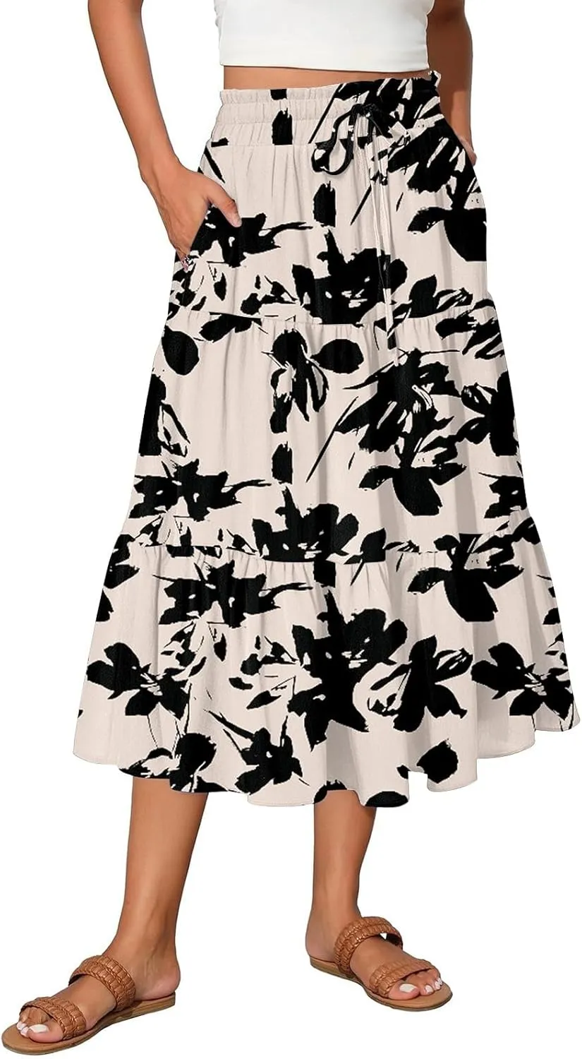 Women High Waisted Boho Floral Flowy Midi Skirt 2025 Trendy Summer Fall Casual Pleated A Line Cute Print Long Skirts
