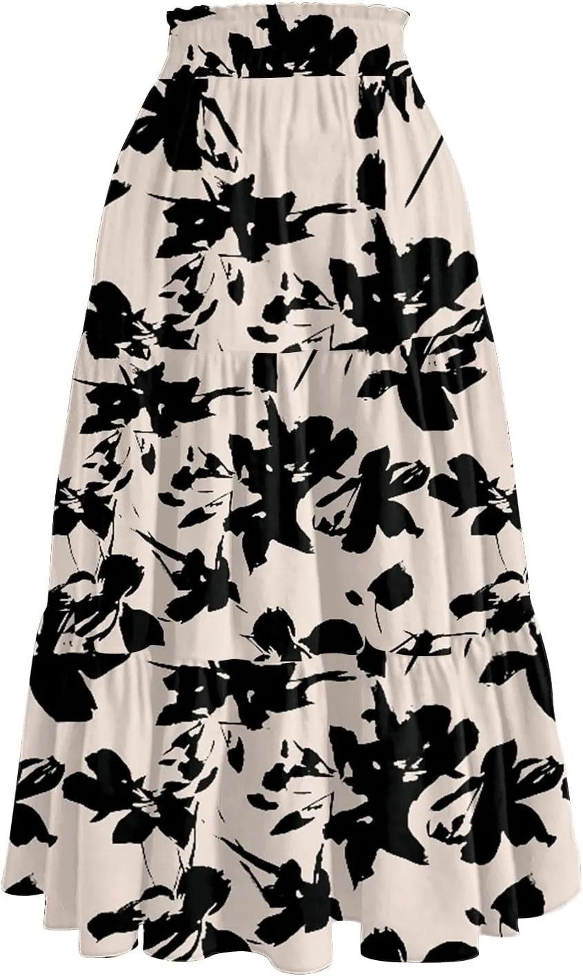 Women High Waisted Boho Floral Flowy Midi Skirt 2025 Trendy Summer Fall Casual Pleated A Line Cute Print Long Skirts