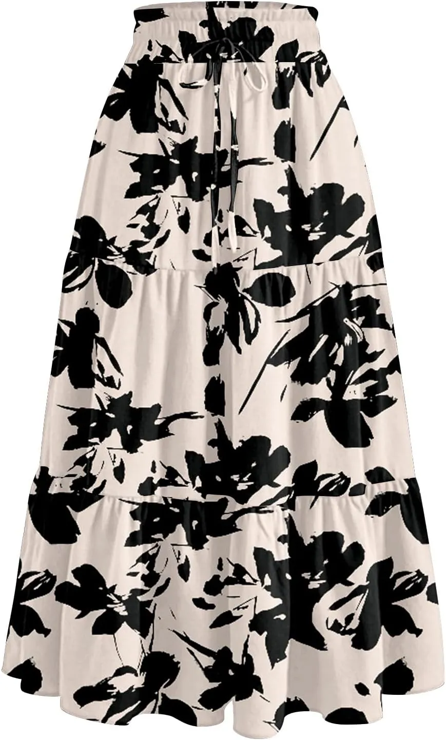 Women High Waisted Boho Floral Flowy Midi Skirt 2025 Trendy Summer Fall Casual Pleated A Line Cute Print Long Skirts