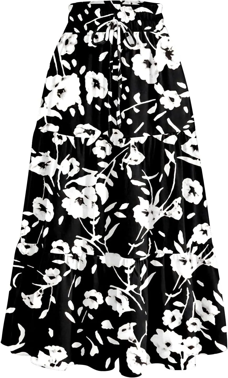 Women High Waisted Boho Floral Flowy Midi Skirt 2025 Trendy Summer Fall Casual Pleated A Line Cute Print Long Skirts