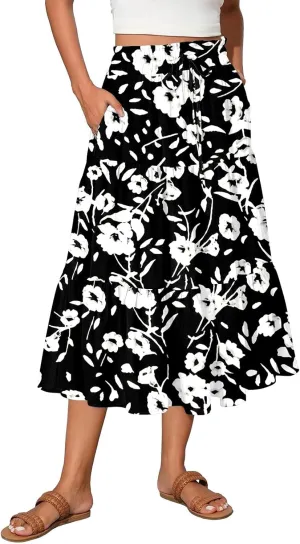 Women High Waisted Boho Floral Flowy Midi Skirt 2025 Trendy Summer Fall Casual Pleated A Line Cute Print Long Skirts