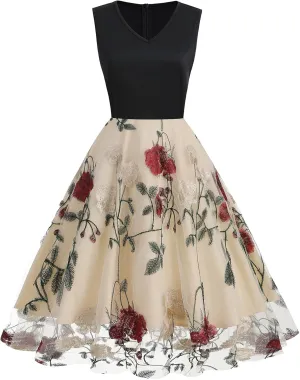 Women Keyhole Floral Embroidery Dress Sheer Mesh Illusion Vintage Cocktail Swing Dress Wedding Party Prom Tulle Evening Dress