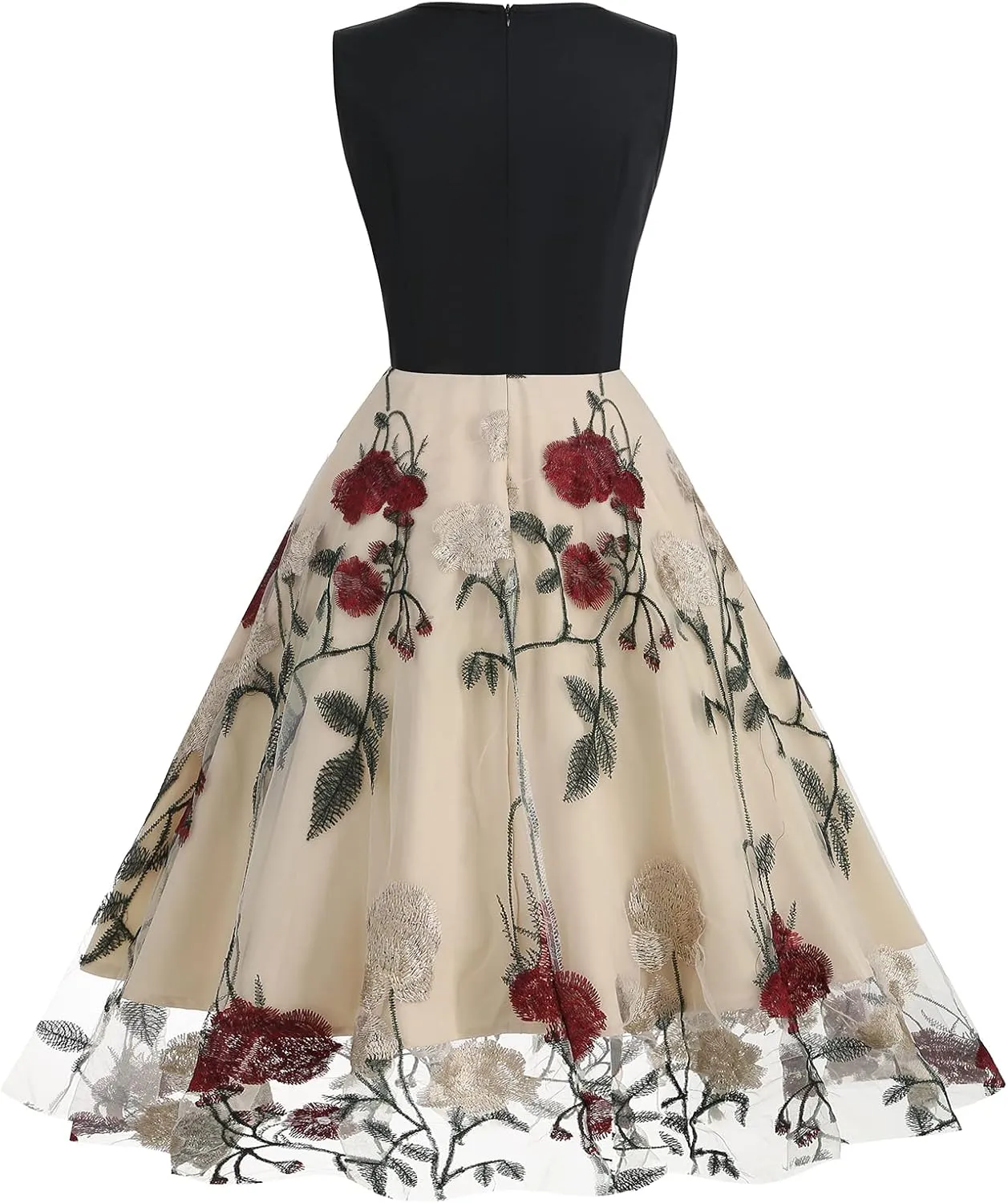 Women Keyhole Floral Embroidery Dress Sheer Mesh Illusion Vintage Cocktail Swing Dress Wedding Party Prom Tulle Evening Dress