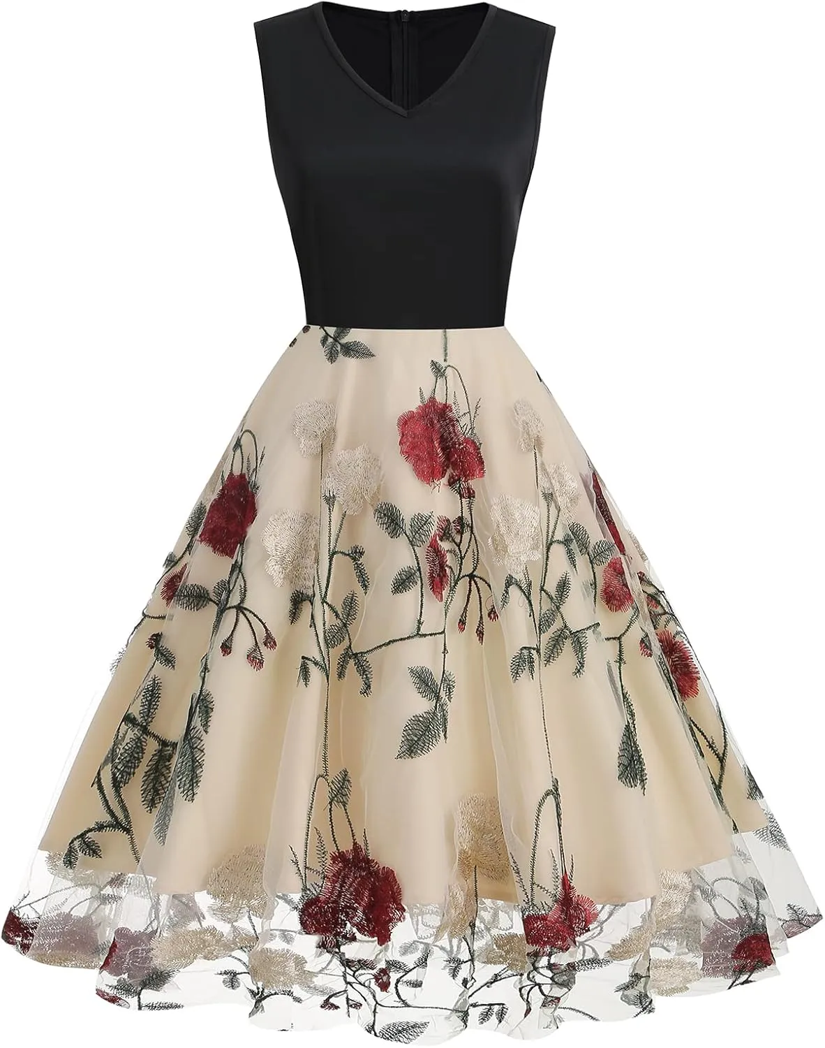 Women Keyhole Floral Embroidery Dress Sheer Mesh Illusion Vintage Cocktail Swing Dress Wedding Party Prom Tulle Evening Dress