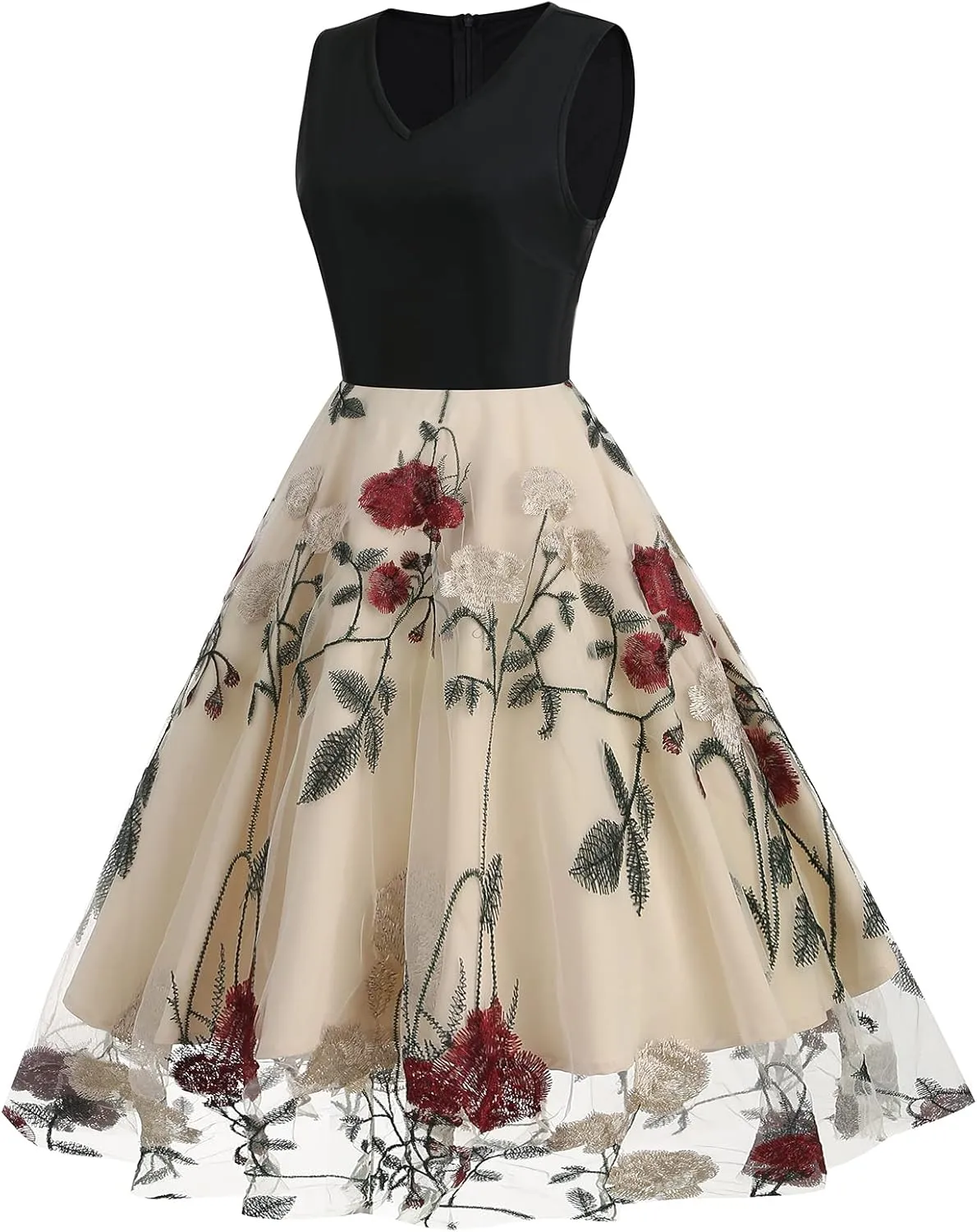 Women Keyhole Floral Embroidery Dress Sheer Mesh Illusion Vintage Cocktail Swing Dress Wedding Party Prom Tulle Evening Dress