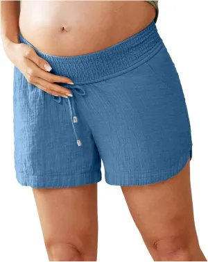 Women Layered Pleats Maternity Shorts Underbelly Drawstring Elastic Waist with Pockets Comfy Casual Beach Shorts