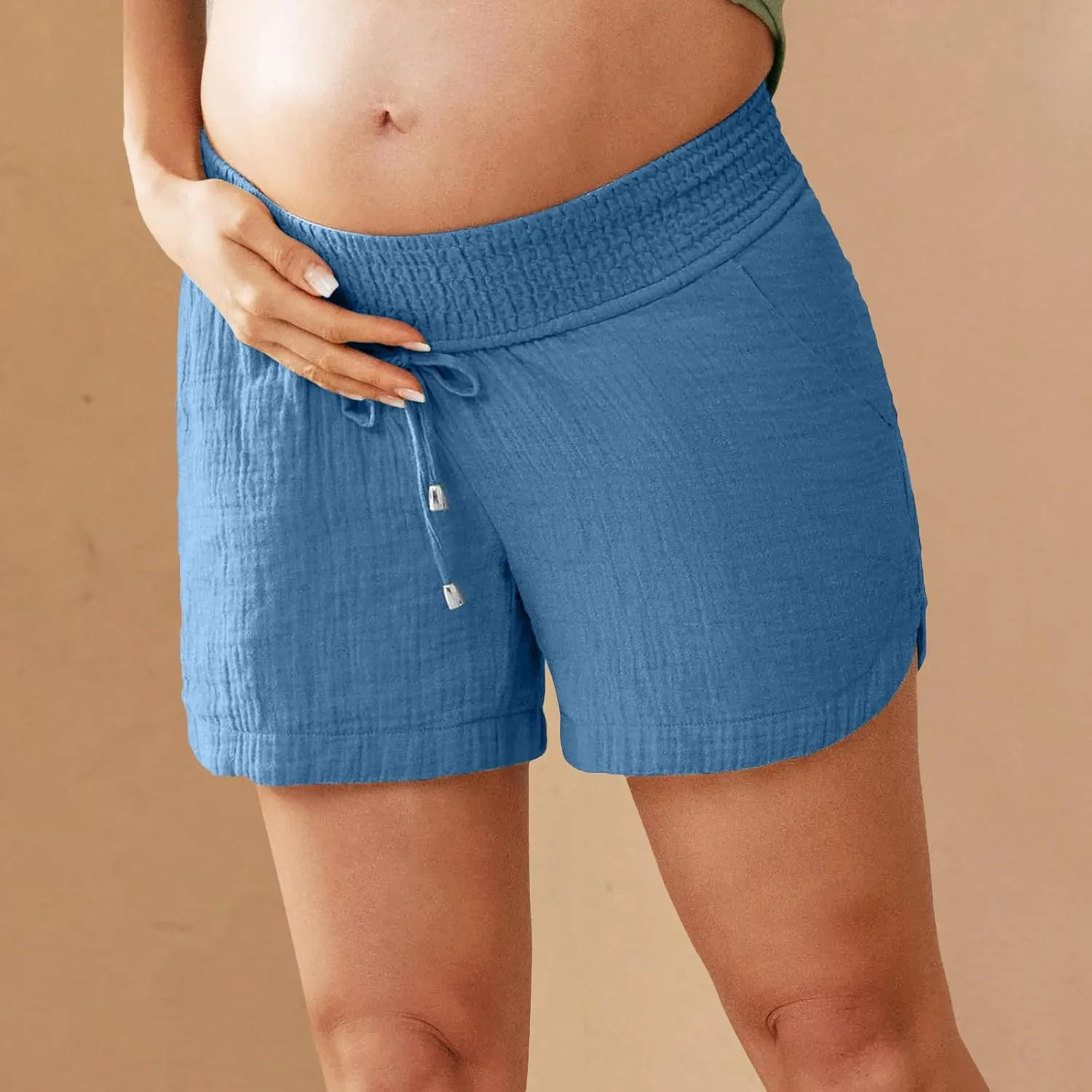 Women Layered Pleats Maternity Shorts Underbelly Drawstring Elastic Waist with Pockets Comfy Casual Beach Shorts