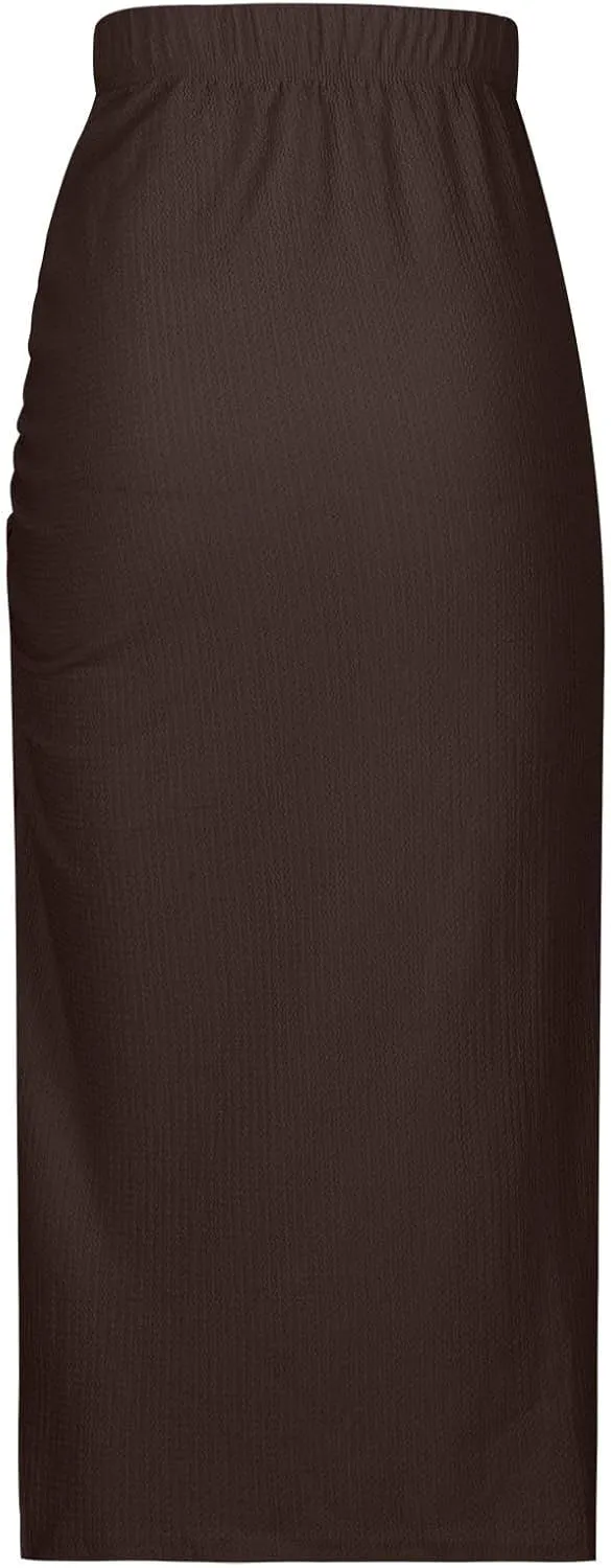 Women Pencil Midi Skirt Solid High Waisted Ruched Split Thigh Slit Skirts Casual Fashion Sexy Formal Bodycon Skorts